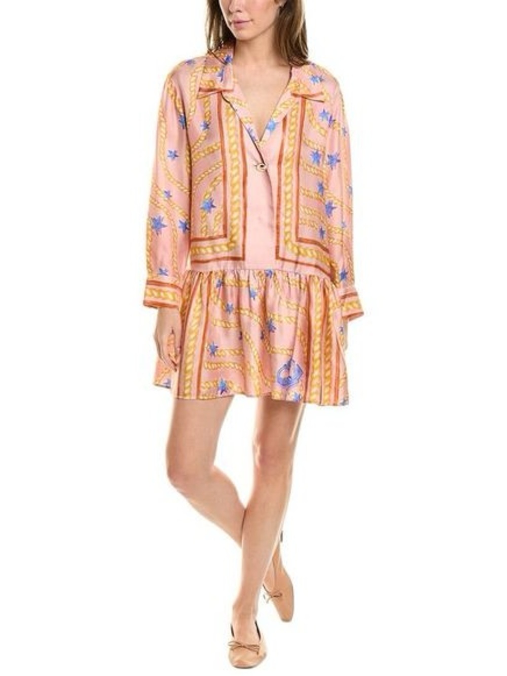 Sandro Pink Printed Silk Shirt Dress with Blue Floral Accents